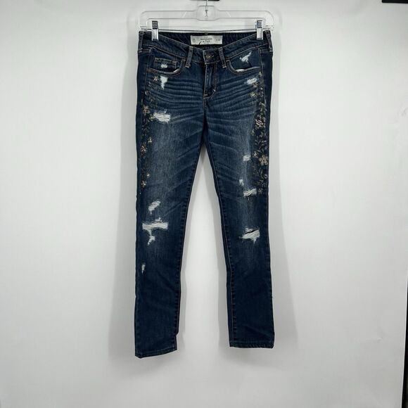 Womens ABERCROMBIE & FITCH Dark Wash Skinny Slim Low Rise Jeans 00 24” Floral - Picture 2 of 16
